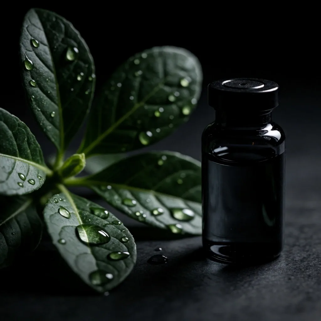 Dark botanical leaves and glass vial under dramatic light