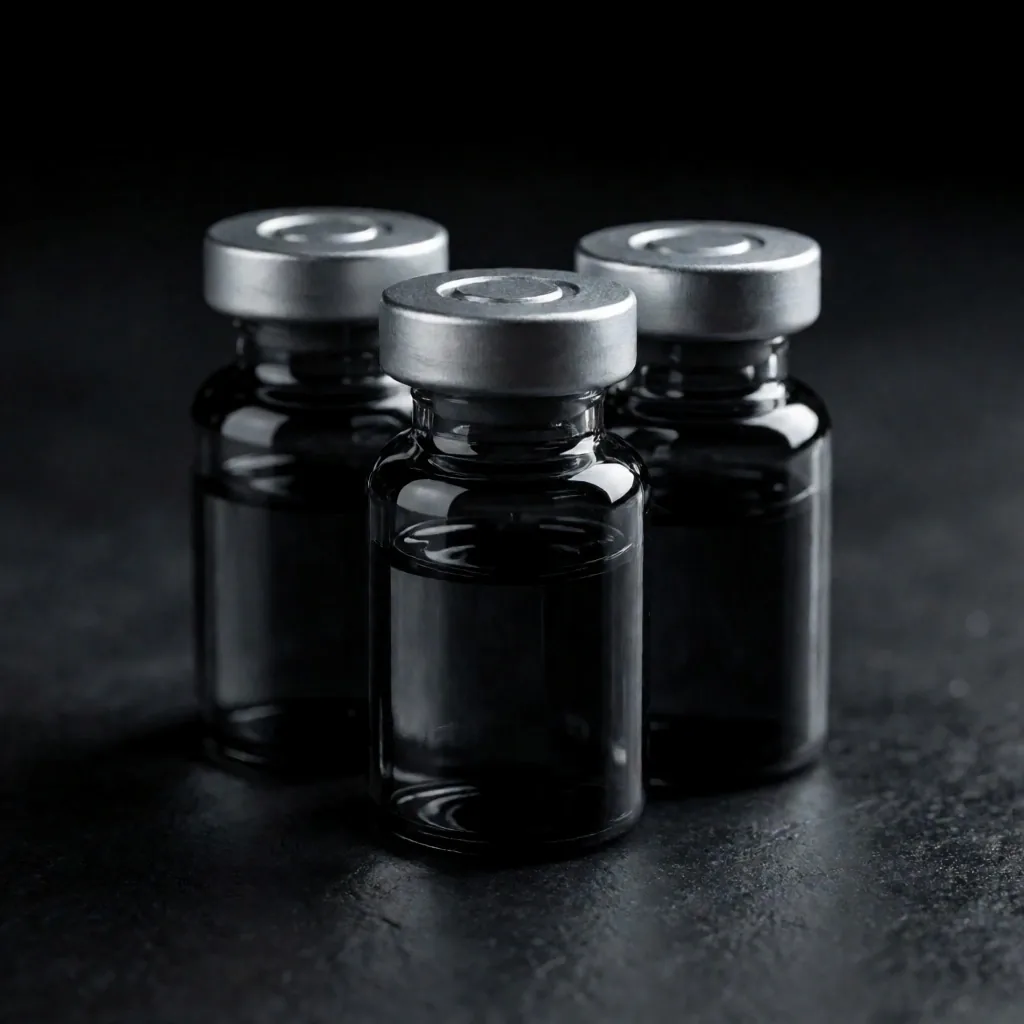 Dark glass vials on a charcoal surface under directional light