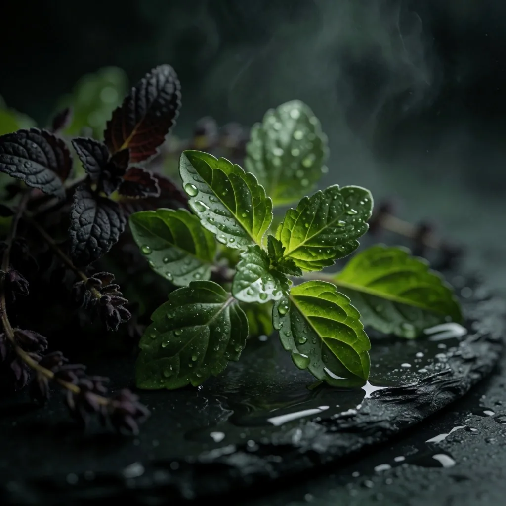 Dark botanical leaves with dew drops under dramatic lighting