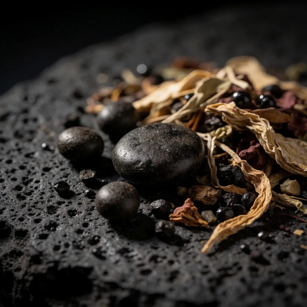 Dark mineral crystals and botanical elements on a stone surface under directional light