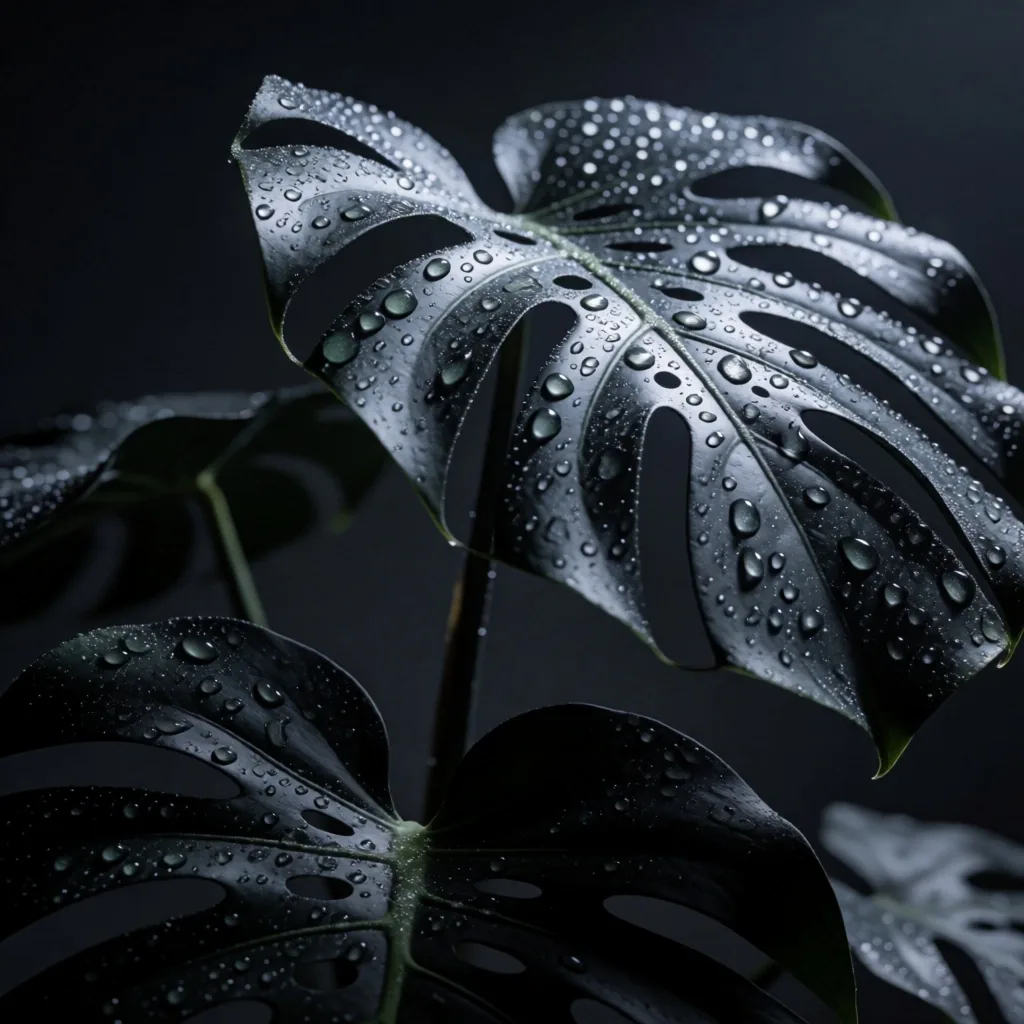 Dark botanical leaves with dew under low-key light