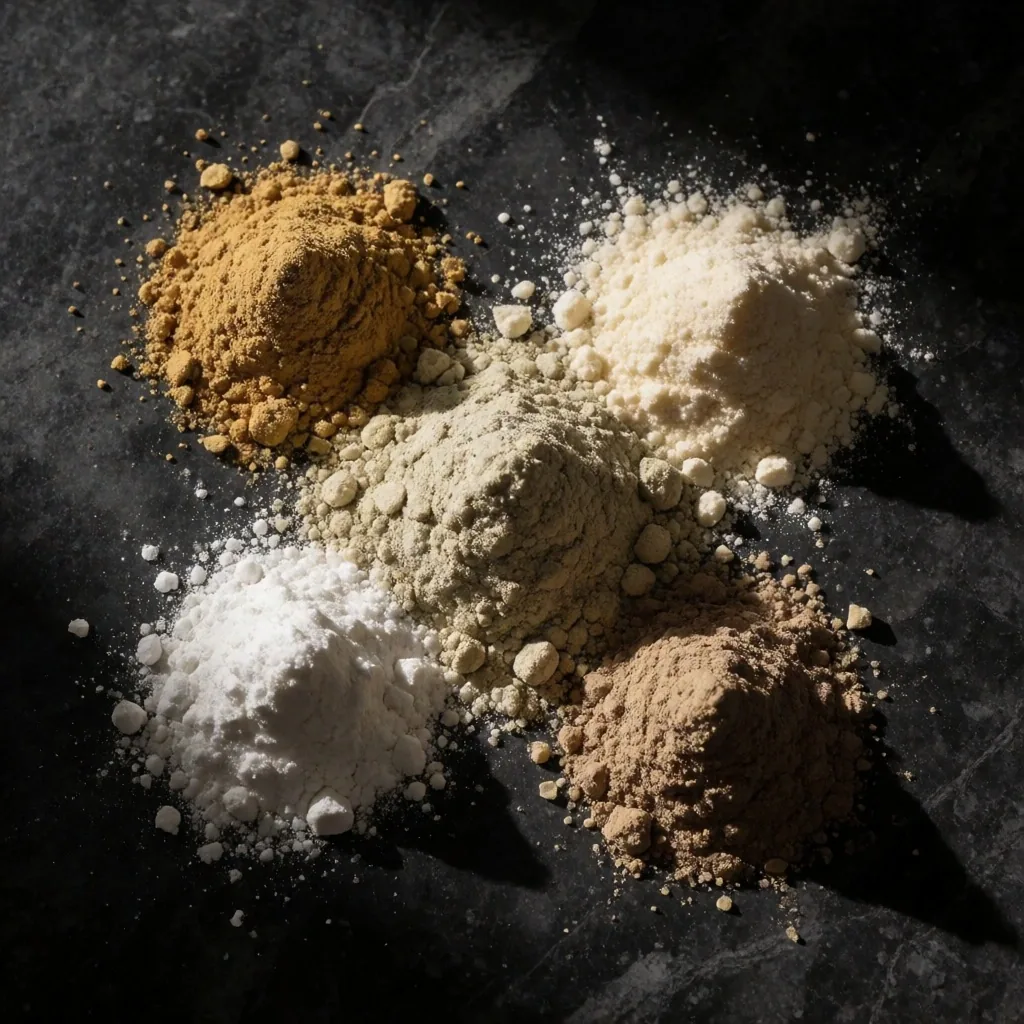 Raw botanical and mineral ingredients on a dark surface