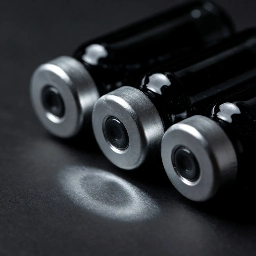 Dark glass vials under dramatic studio lighting