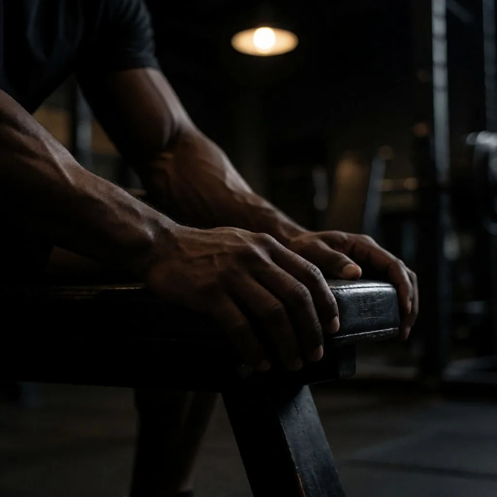 Hands resting on a bench in dim light after exertion