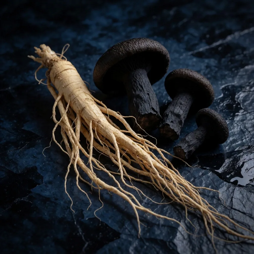 Panax ginseng root and cordyceps on dark ceramic